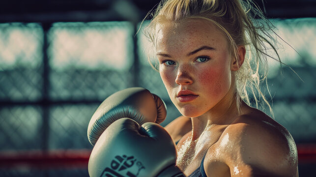 Focused Female Boxer Ready for Training in the Ring