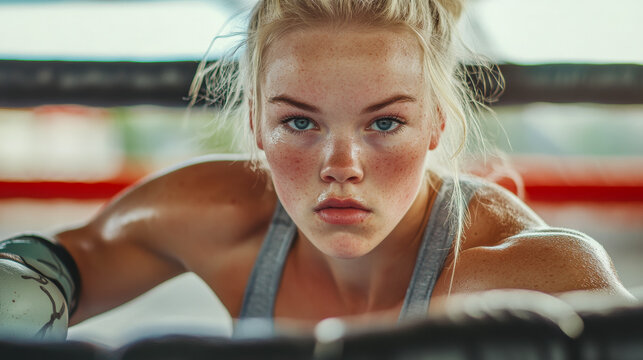 Focused Female Boxer Ready for Training in the Ring