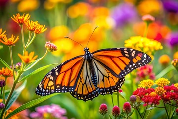 Naklejka premium Vibrant orange and black monarch butterfly sips sweet nectar from colorful wildflowers swaying gently in a sunny garden filled with lush green foliage.