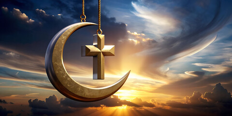 unity of diverse faiths, cross and Cresent symbolizing religious tolerance, between islam and Christianity 