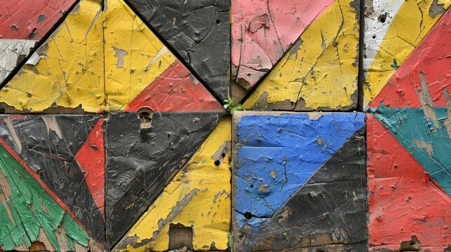 Colorful Geometric Pattern of Painted Weathered Wooden Tiles, Abstract Background Texture