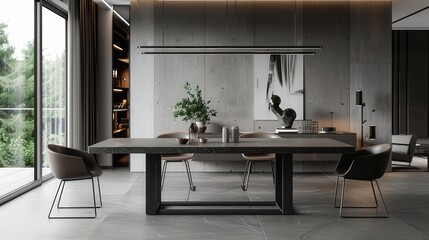 Design a minimalist dining table with a concrete top and thin, metal legs.