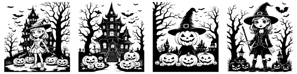 Halloween. Black and white drawing. Logo design for use in graphics.