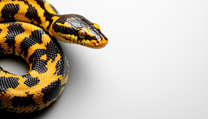 Fototapeta premium A yellow and black snake is curled up on a white background