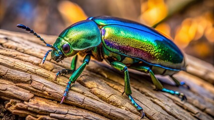 Naklejka premium Vibrant, iridescent beetle with metallic blue and green exoskeleton crawled across rugged tree bark, its shiny body glistening in the warm, dappled forest light.