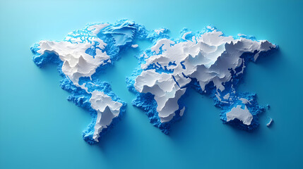 3D relief map of the world with blue water representation.