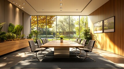 Fototapeta premium Modern conference room with a large wooden table and office chairs, featuring floor-to-ceiling windows that look out onto a sunny green park.