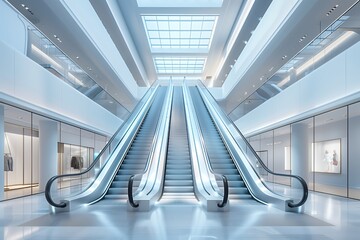 Modern escalators in a bright, spacious shopping mall with a sleek design.