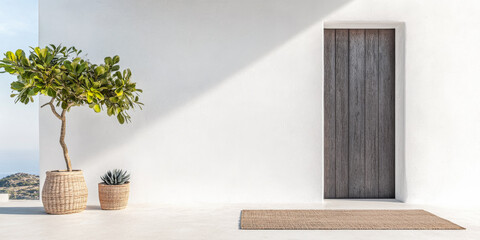 Obraz premium Minimalist Mediterranean Patio with Wooden Door and Potted Plants