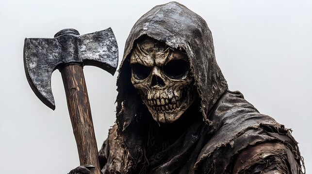Skeleton executioner with a weathered axe, spooky Halloween mask, intricate shading, isolated on white background
