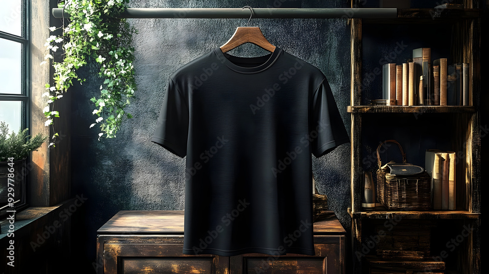 Wall mural a black t-shirt displayed in a rustic setting with shelves.