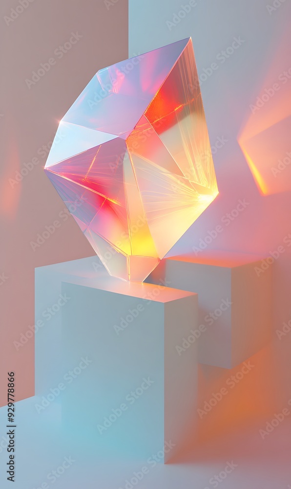 Poster 57. dynamic 3d art with floating geometric prisms and subtle illumination, set against a clean, brig