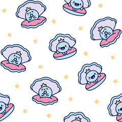 Cartoon kawaii seashell with a pearl. Seamless pattern. Funny aquatic life. Hand drawn style. Vector drawing. Design ornaments.