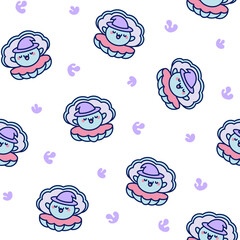 Cartoon kawaii seashell with a pearl. Seamless pattern. Funny aquatic life. Hand drawn style. Vector drawing. Design ornaments.