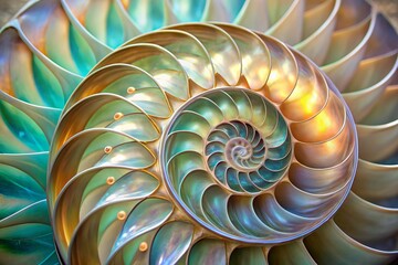 Intricate swirling patterns of iridescent mother of pearl shimmer on the delicate curves of a nautilus shell, evoking an otherworldly beauty and ancient elegance.