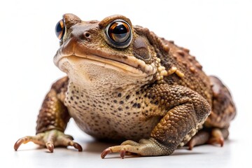Fototapeta premium A solitary brown toad with rough, bumpy skin and large, round eyes sits calmly on a pristine white background, gazing sideways with curious intent.
