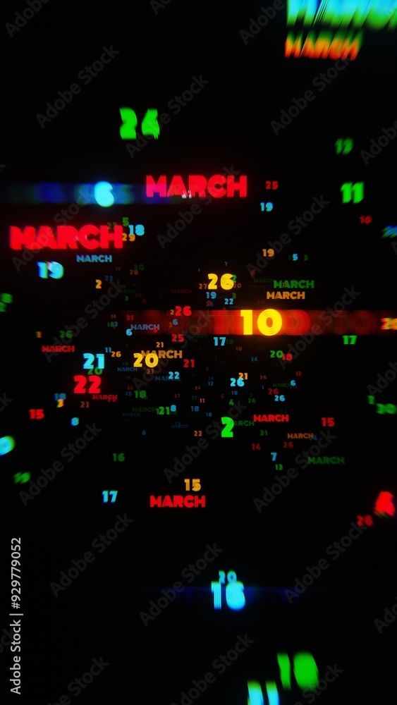 Poster march calendar dates in motion with neon colors on dark background