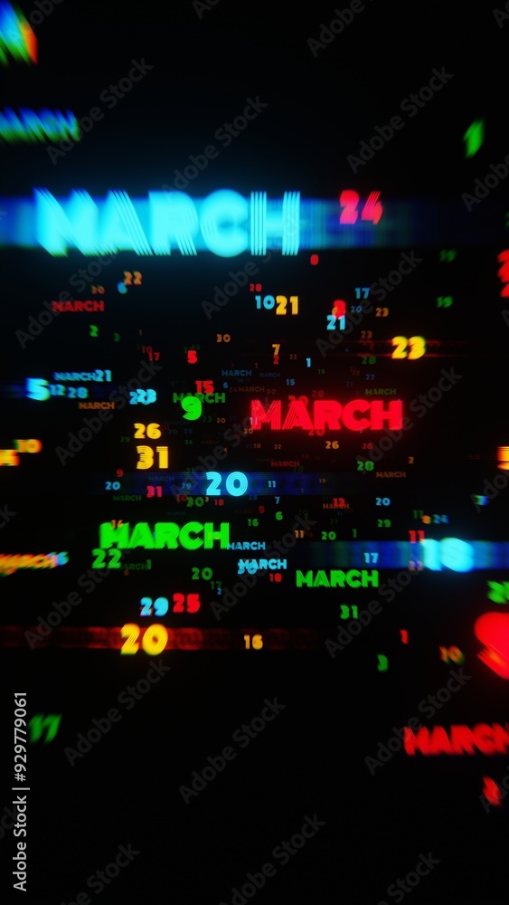 Poster march calendar dates in motion with neon colors on dark background