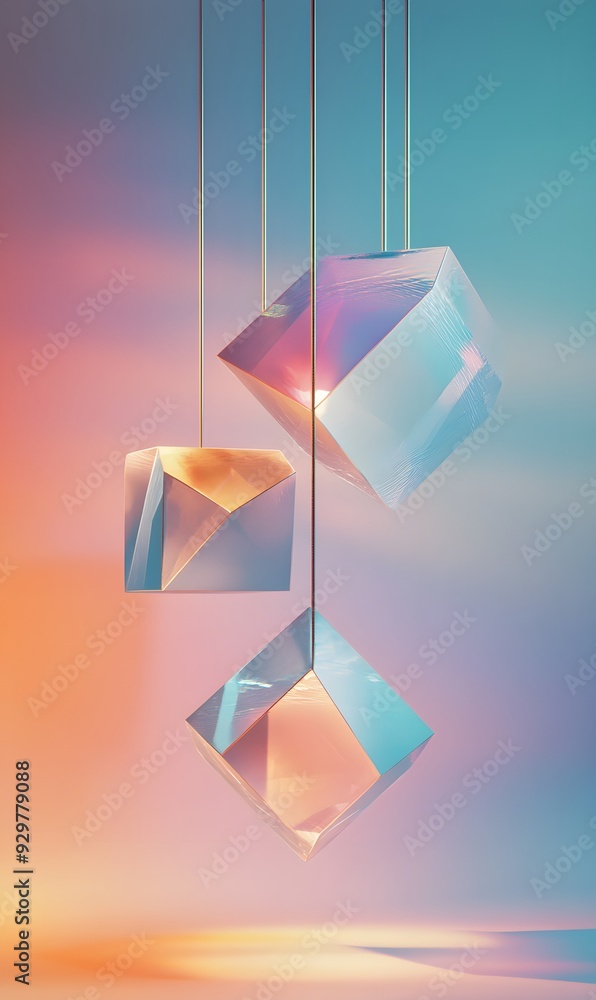Poster 57. dynamic 3d art with floating geometric prisms and subtle illumination, set against a clean, brig