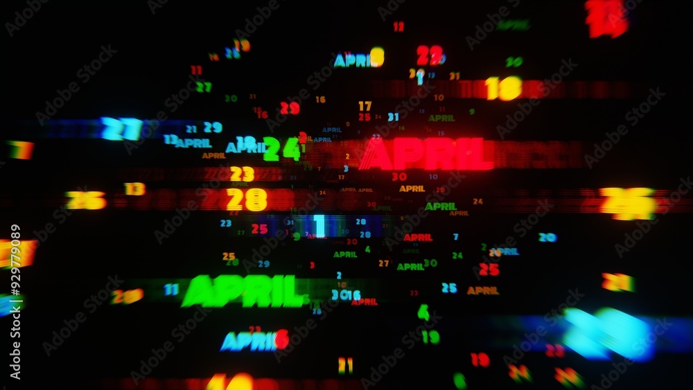 Poster April Calendar Dates in Vibrant Neon Colors on Dark Background