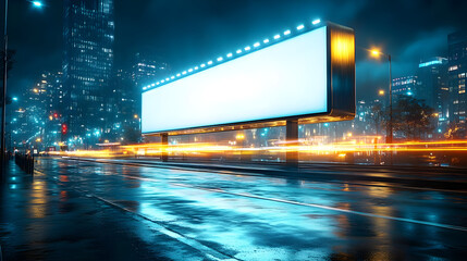 Obraz premium A blank billboard illuminated at night in a cityscape.