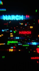 Fototapeta premium March Calendar Dates in Motion with Neon Colors on Dark Background