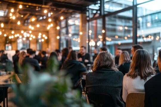 Guests at a creative agency networking event interacting at booths with promotional materials and displays