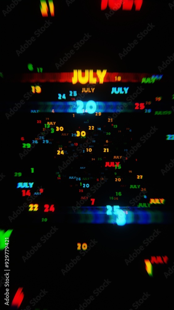 Poster july calendar dates in vibrant neon colors on dark background