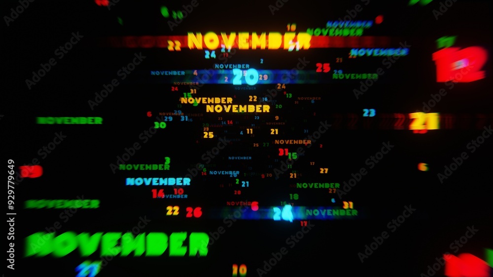Poster abstract digital art with glowing text representing the month of november in vibrant neon colors on 