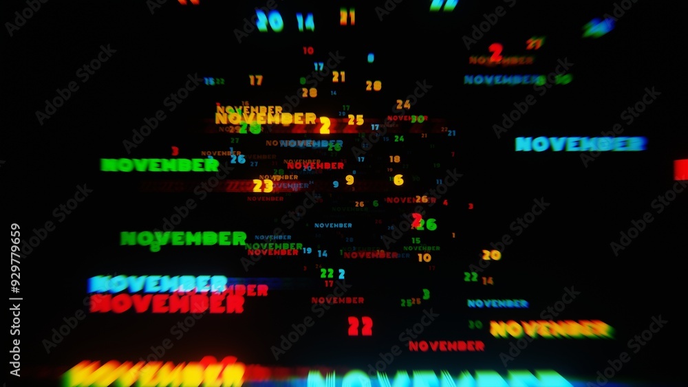 Poster Abstract digital art with glowing text representing the month of November in vibrant neon colors on a dark background