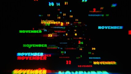 Naklejka premium Abstract digital art with glowing text representing the month of November in vibrant neon colors on a dark background