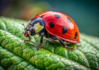 Fototapeta premium Vibrant red and black ladybug perches on a delicate green leaf, showcasing intricate details of its tiny body and subtle texture of the leaf's veins.
