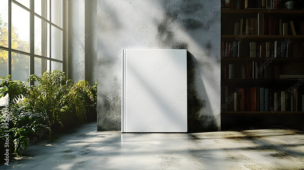 Wall mural a blank book stands against a wall in a sunlit room.