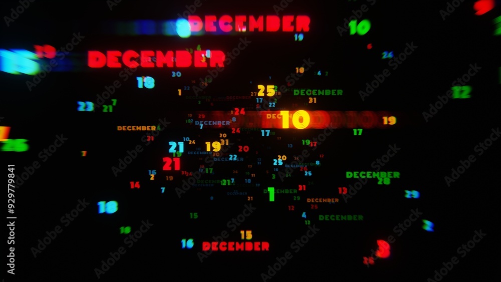 Poster abstract digital art with glowing text representing the month of december in festive neon colors on 