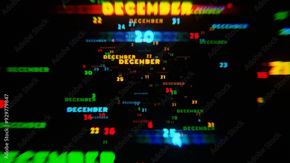 Aufkleber abstract digital art with glowing text representing the month of december in festive neon colors on 