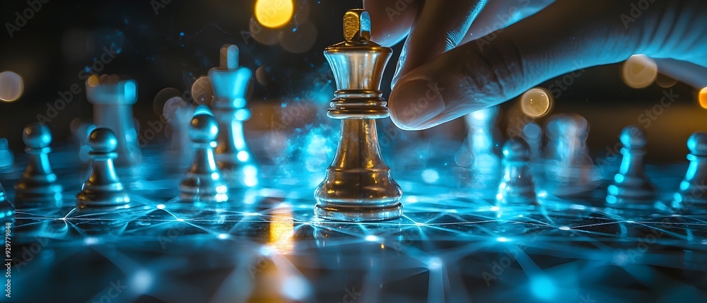 Poster chess board concept highlighting how data driven predictive modeling and analytics can enhance strategic decision making processes with copy space for text overlay