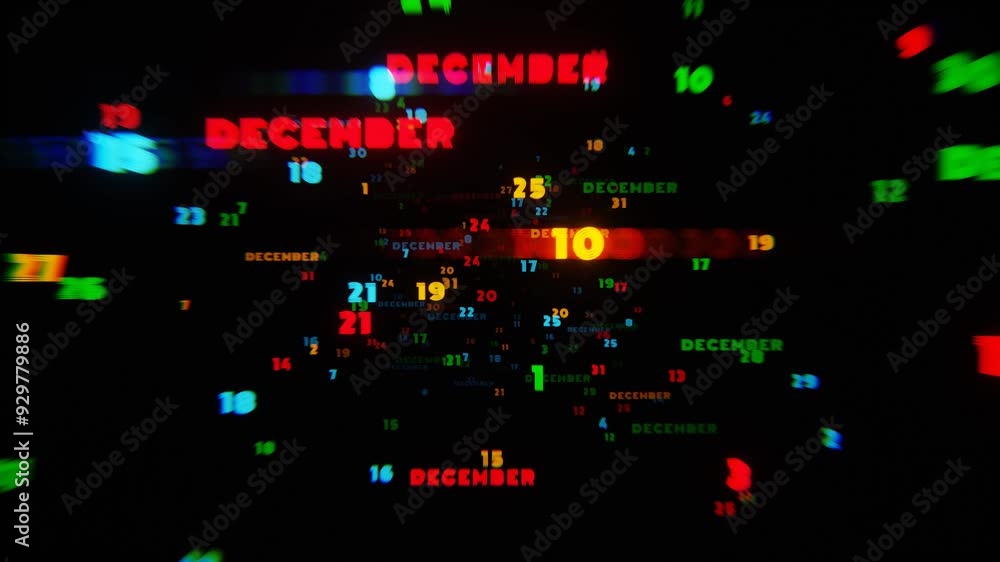 Poster abstract digital art with glowing text representing the month of december in festive neon colors on 