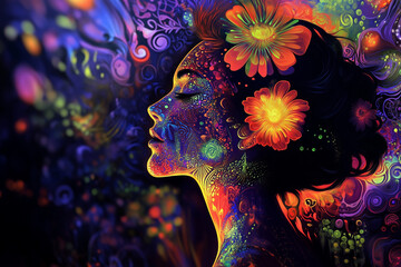 A blissful woman in vibrant DMT-style art against a dark, colorful background.