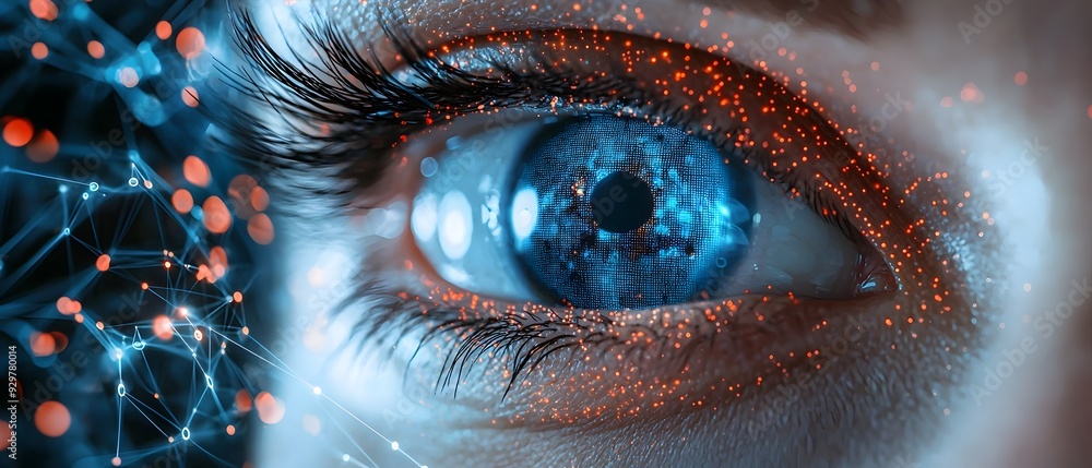 Poster futuristic eye iris pattern with glowing reflections and sparkling bokeh highlights representing the
