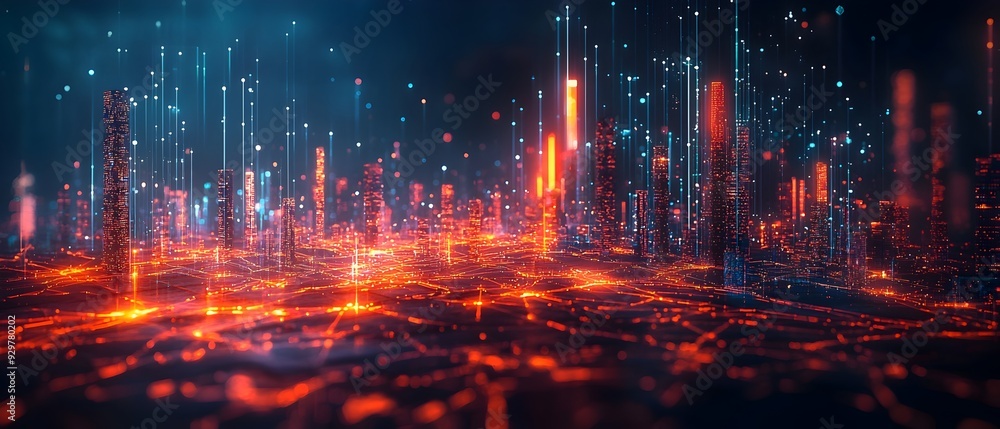 Poster futuristic ai powered predictive cityscape with glowing skyscrapers and illuminated data visualizati