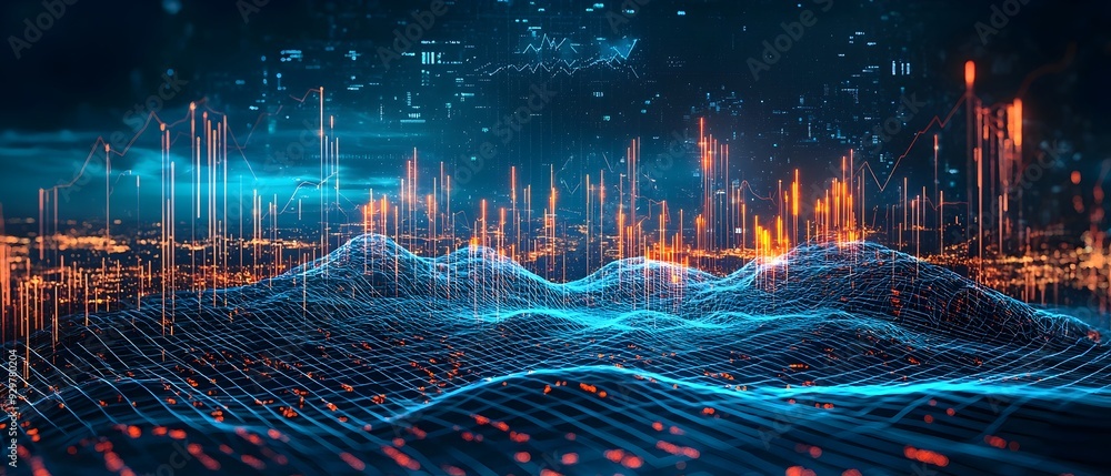 Aufkleber futuristic city skyline with vibrant data visualization statistical modeling and predictive analytic