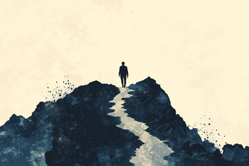 A silhouette man walking on a mountain path, symbolizing the journey into the unknown.