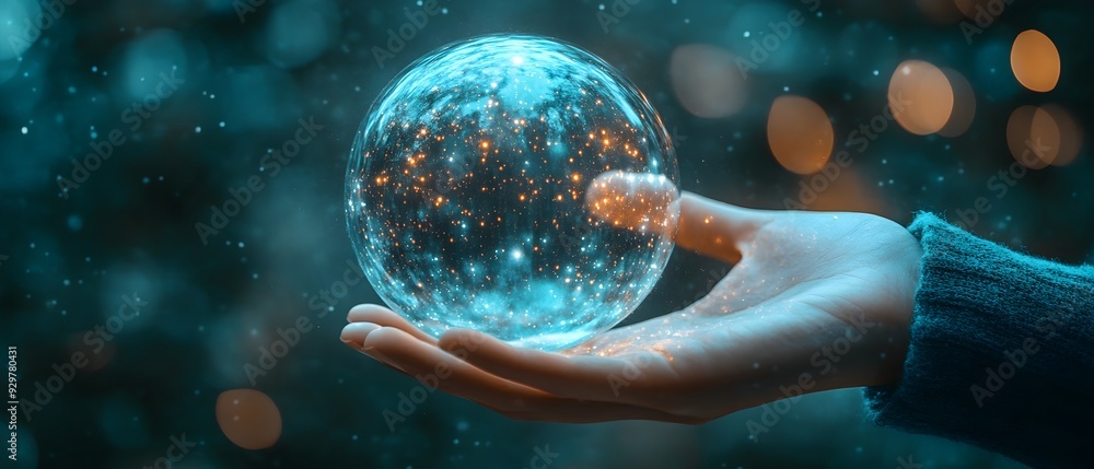 Poster Visualization of Regression Techniques and Forecasting for Predictive Systems Showcasing a Futuristic Crystal Globe Representing the Insights and Trends of Statistical Modeling
