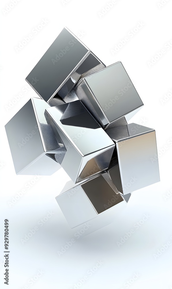 Poster 32. interlocking 3d geometric shapes with a metallic finish and floating effect, set against a prist