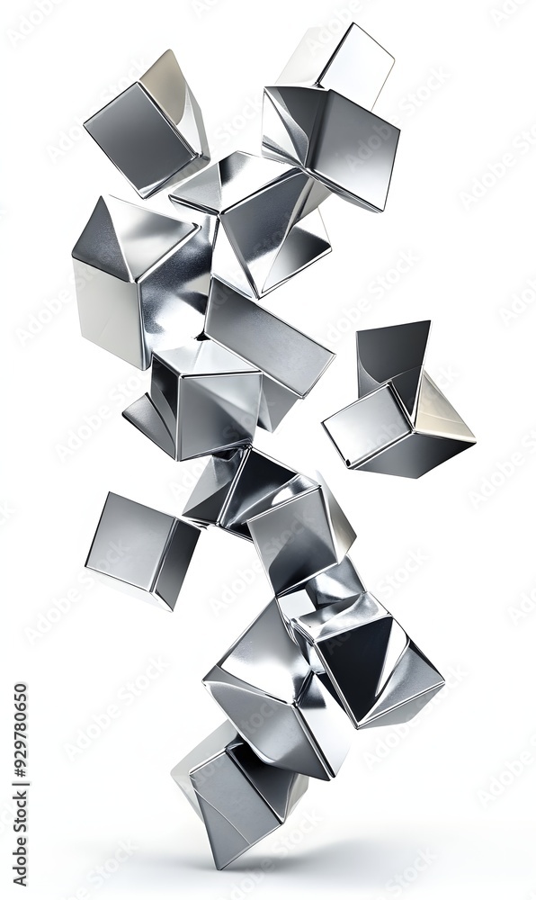 Poster 32. interlocking 3d geometric shapes with a metallic finish and floating effect, set against a prist