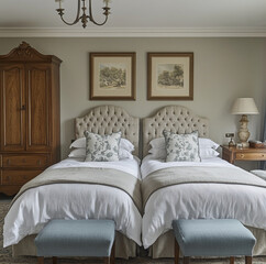 Obraz premium a classic English-style double bedroom that exudes warmth and sophistication. a pair of plush, tufted headboards in rich fabrics like velvet or damask, flanked by matching bedside tables, ornate lamp