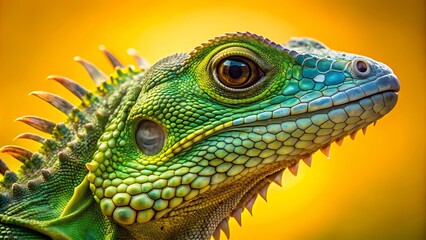 Fototapeta premium Vibrant green lizard's scaly skin and spiky back glisten in sharp focus against a radiant yellow background, showcasing its intricate details and textures.