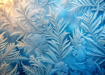 Frosted glass-like ice texture background with delicate frost patterns, subtle blue undertones, and intricate cracks, evoking a sense of winter's chill and serenity.