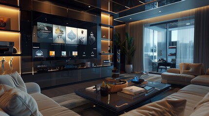 Modern living room with a sleek entertainment system and stylish decor.