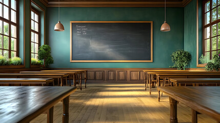 A bright classroom with wooden desks and a chalkboard.